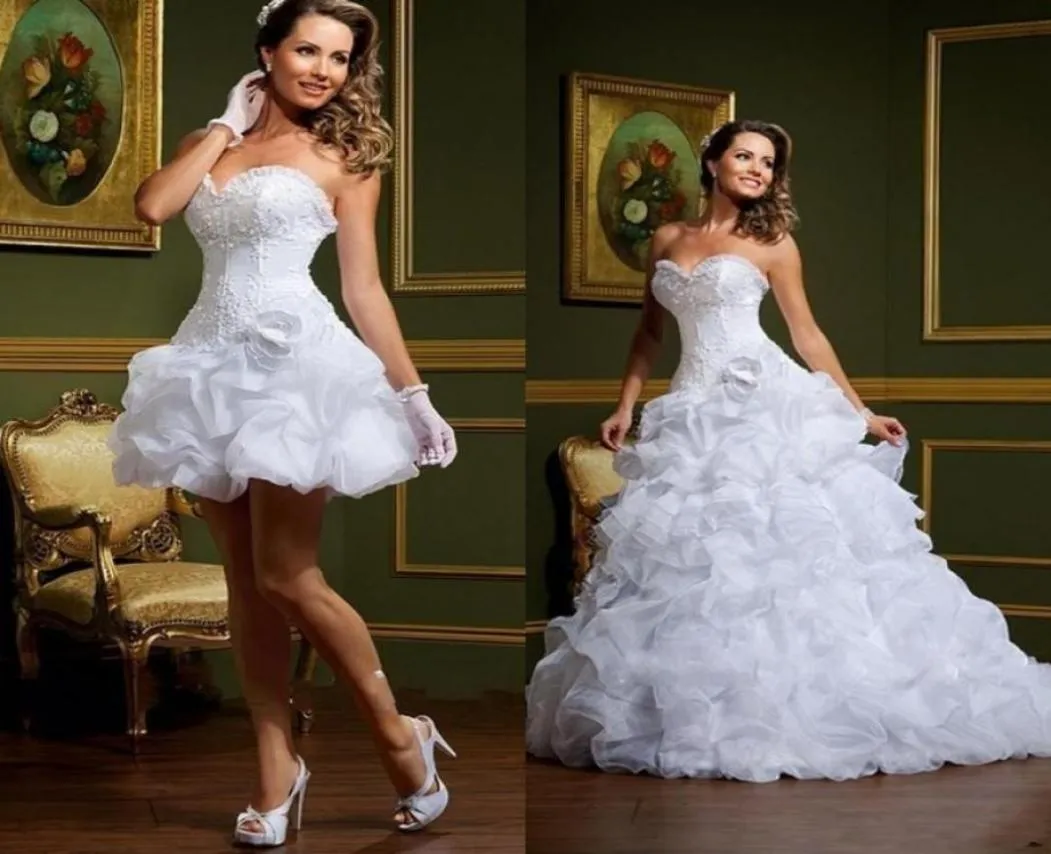 Sexig vestido de noiva vita bröllopsklänningar med avtagbar kjol stropplös älskling pickups arabiska mini korta brudklänningar7017828