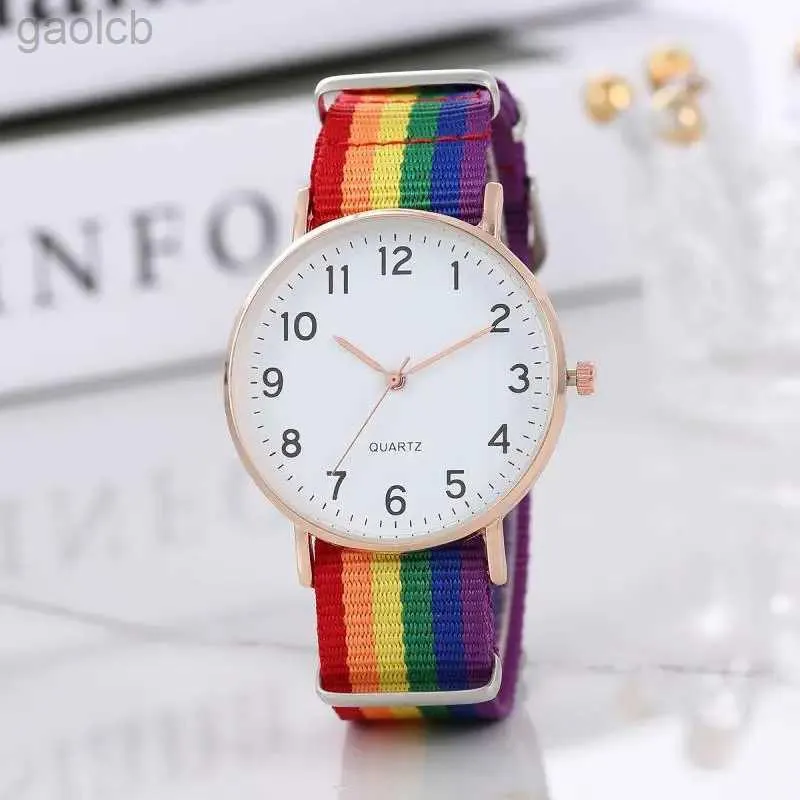 Wristwatches Luminous Middle School Student Watch Lady Leisure Rainbow Canvas Belt Quartz Watch 24319