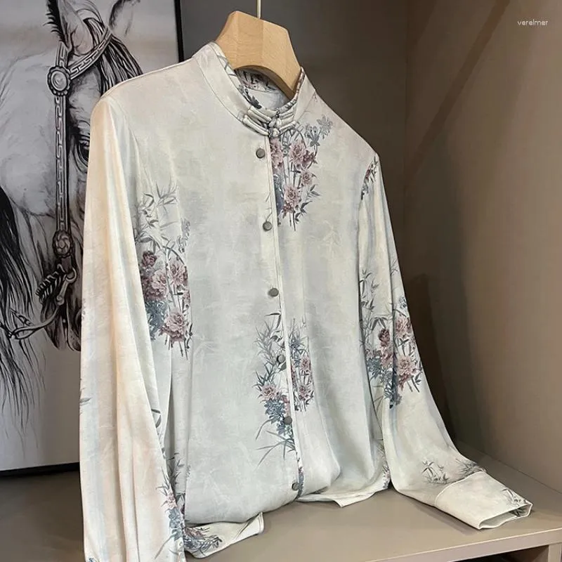 Blouses femme Satin Style chinois chemises imprimé soie printemps/été vêtements amples manches longues haut pour femme YCMYUNYAN