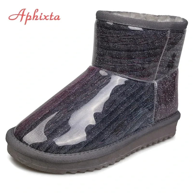 Laarzen afhixta winter warme transparante waterdichte sneeuwlaarzen pluche 2022 nieuw bling warm platform laarzen vrouwen harige ronde tou schoenen vrouw