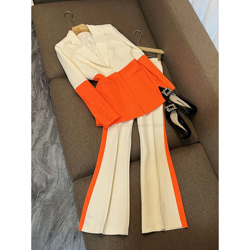 2024 Autumn Orange Contrast Color Two Piece Pants Sets Long Sleeve Notched-Lapel Single-Button Blazer Blazers Top & Flare Trousers Trousers Suits Set O3G312267