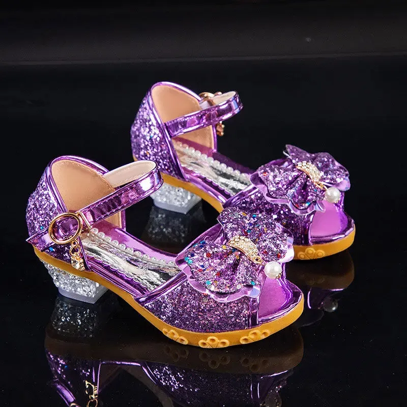 Kinderen Prinses Meisjes Sandalen Glitter Glanzende Strass Vlinder Studentenfeest Dansschoenen 5-13 Jaar Kinderen Zomer Hoge Hak 240308