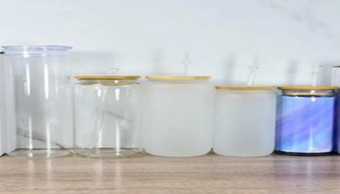 Sublimationsglas mit Bambusdeckel, Babyflaschen, Strohhalm, 12 Unzen, 16 Unzen, DIY-Rohlinge, gefrostet, durchsichtig, Dosenform, Becher, Tassen, Wärmeübertragung, Coc3452603