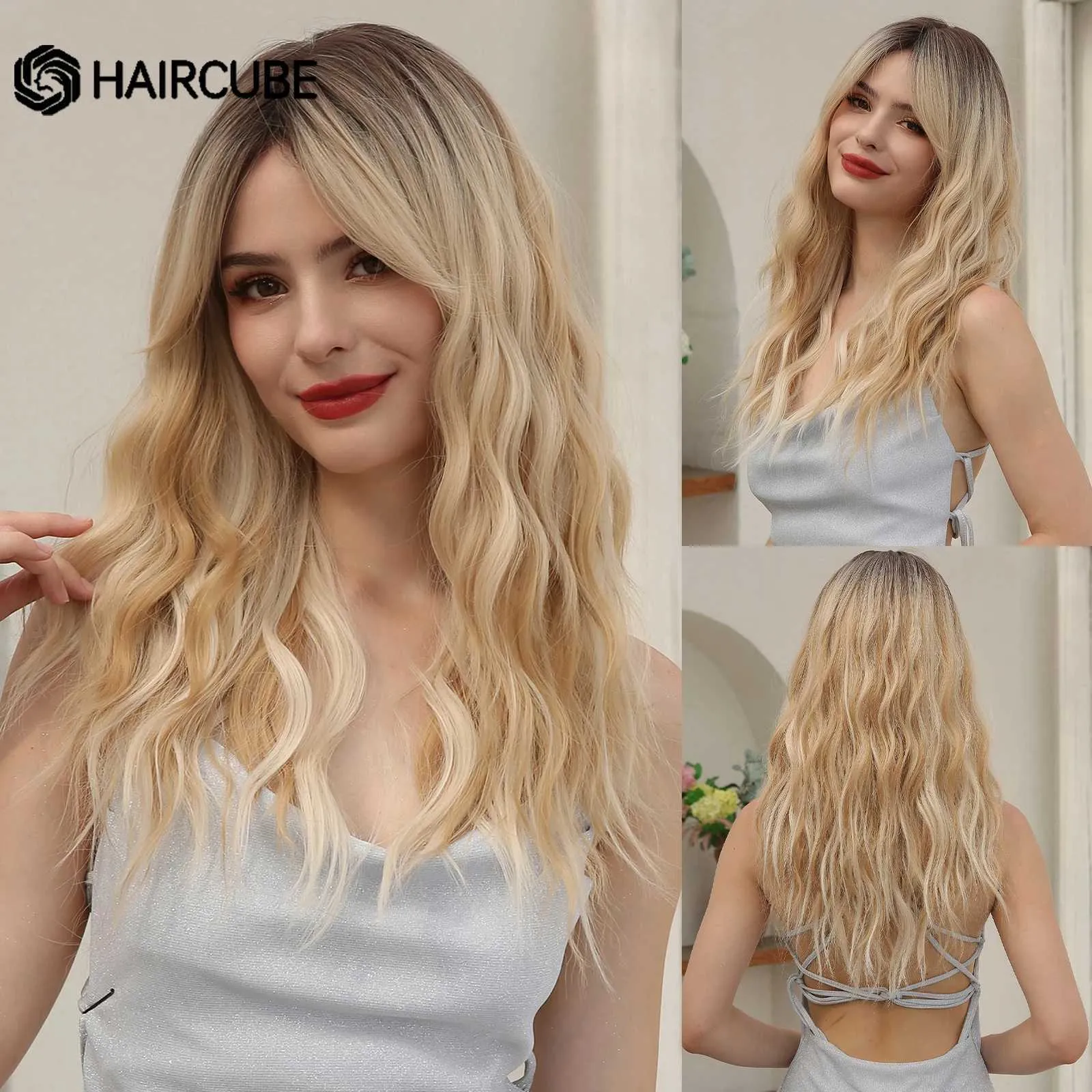 Synthetische pruiken Kanten pruiken HAIRCUBE Lang golvend Natuurlijke pruiken voor vrouwen Blond Ombre Krullend Synthetische pruiken met pony en donkere wortels Dagelijks nephaarpruiken 240329