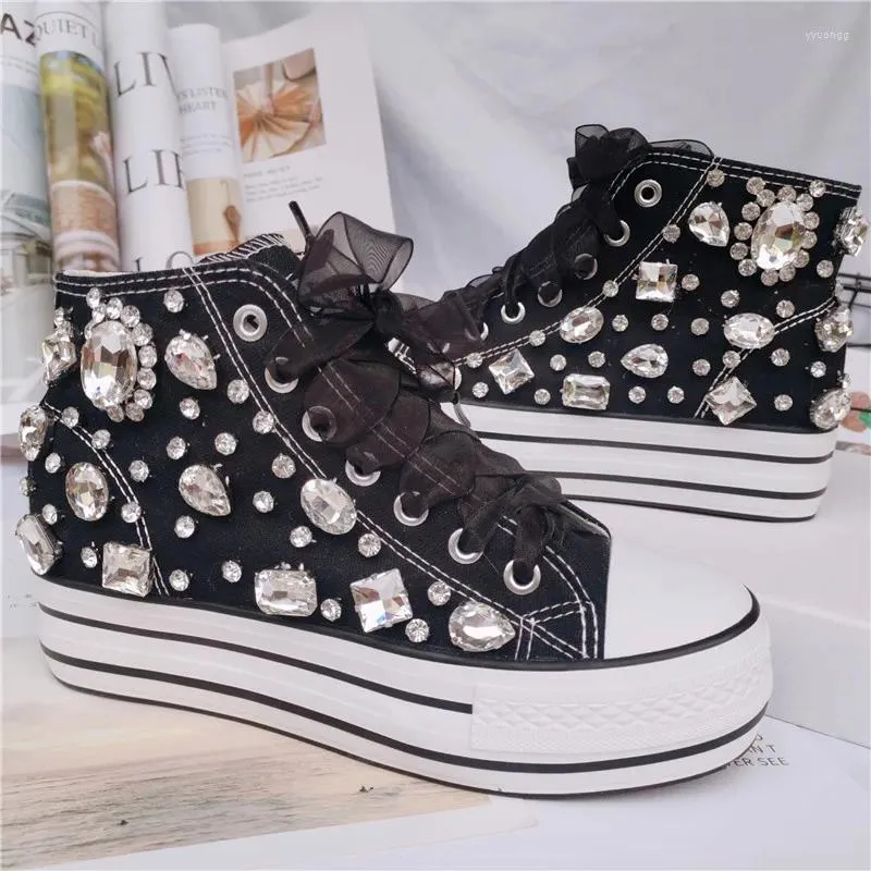 Casual Shoes Sweet Crystal Women's Canvas Gemstone Handmade Diamond Thick-Soled High-Top