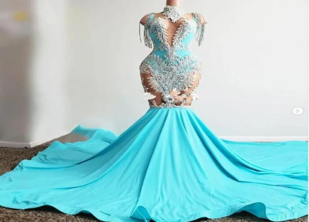 2023 Robes de bal Turquoise Sexy Sirène Illusion Sparkly Argent Dentelle Appliques Sans Manches Robe De Soirée Formelle Grande Taille Soirée Go4874762