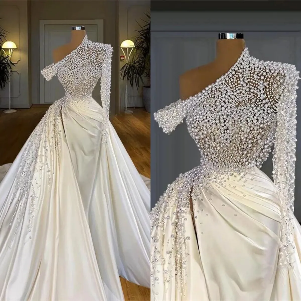 Exquisite Pearls Mermaid Bridal Gowns One Shoulder Wedding Dress Detachable Train Long Sleeve Side Split Custom Made Bride Dresses