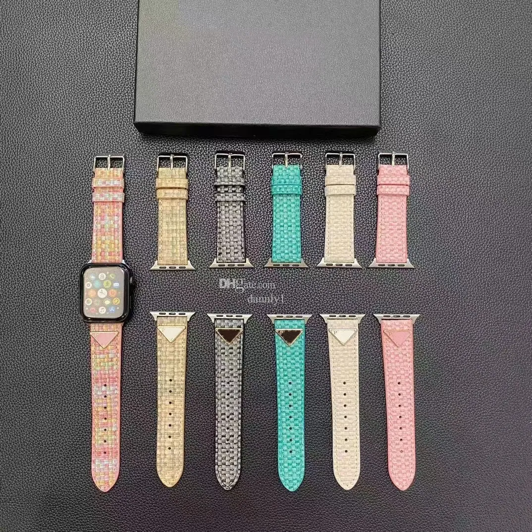 Designer Apple Watch Band Pulseiras Inteligentes para Apple Watch 1 2 3 4 5 6 7 8 9 SE Ultra Bandas 38MM 40MM 41MM 42MM 45mm 44mm 49mm Triângulo de Luxo P Tecidos de Couro Pulseira de Tecido