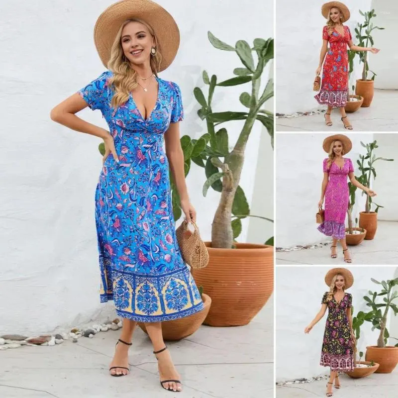 Casual Dresses Loose Fit Dress Bohemian Print V Neck Summer With Retro Patchwork Hem Tight Waist Women's Mid-calf Length Soft Vacation