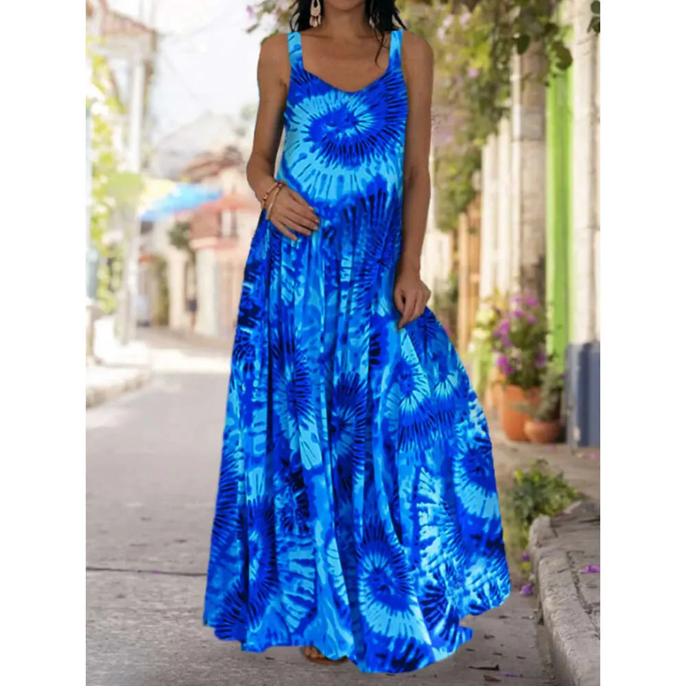 Designer-Damenmode-Freizeitkleid 2024 Sommer Neues Batik-3D-gedrucktes Kleid Böhmisches Trägerschulter-Bodenkleid Maxikleider für Damen Frauenkleider 1CHG