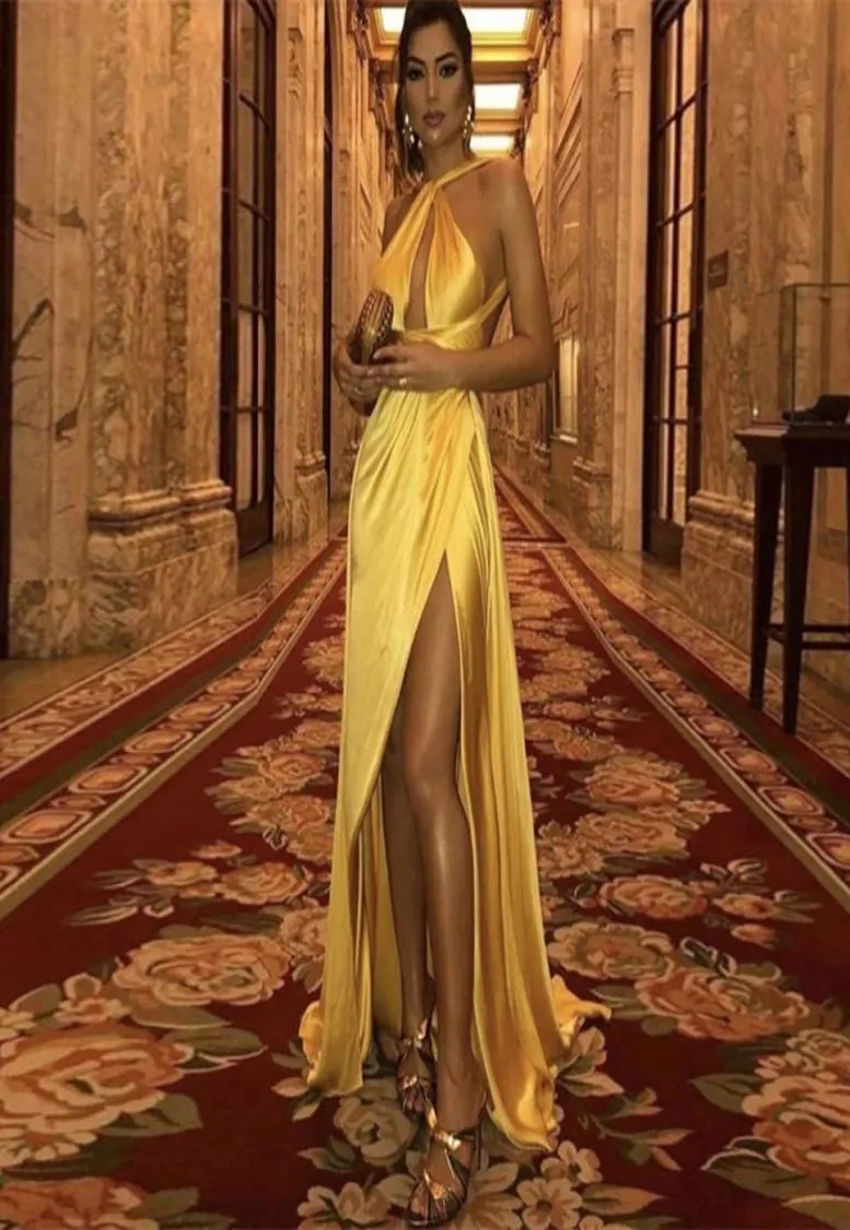 Sexy Open Back Long Prom Dresses Yellow Halter Sleeveless Simple Prom Gowns High Slit Evening Party Dresses1149073