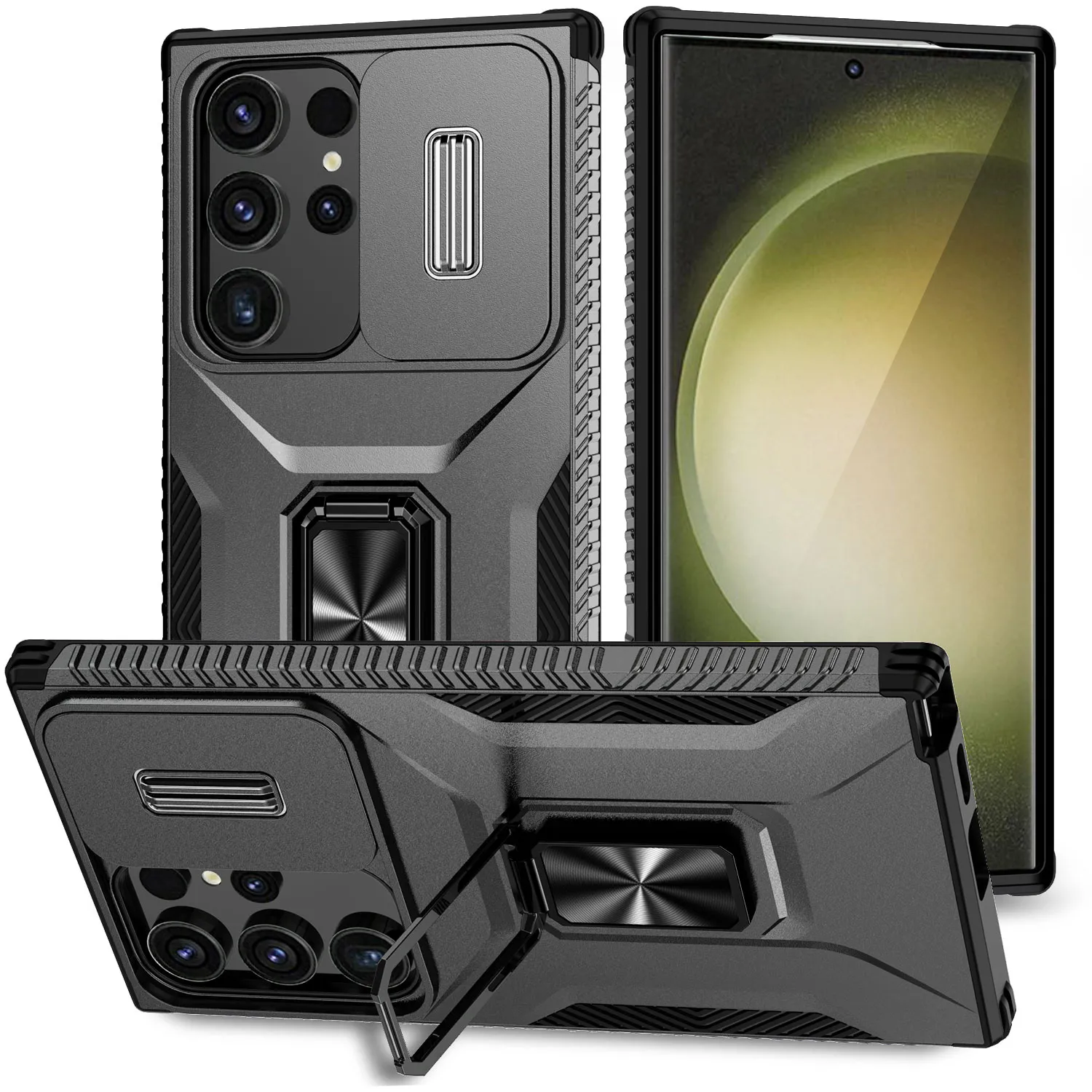 Stoßfeste Hybrid-Dual-Layer-Hülle in Militärqualität für Samsung Galaxy S24 Ultra S23 A54, 360°-Magnetring-Ständer mit verschiebbarer Kameraabdeckung