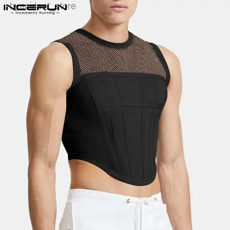 Męskie topy czołgowe męskie topy zbiornikowe siatkowe patchwork O-Neck Slewale streetwear przezroczyste kamizelki 2024 impreza klub nocny seksowne uprawy S-5xl L240312