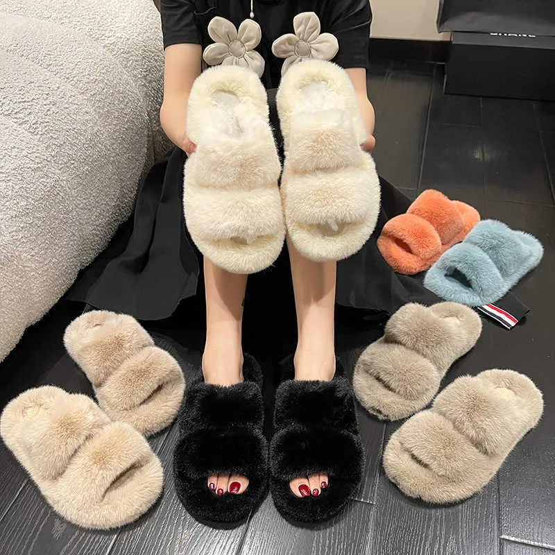 HBP Non-Brand Winter Keep Warm Women Fur Furry Slippers for Home Fluffy Soft Indoor Slides Thick Flats Heel Non Slip Indoor House Shoes