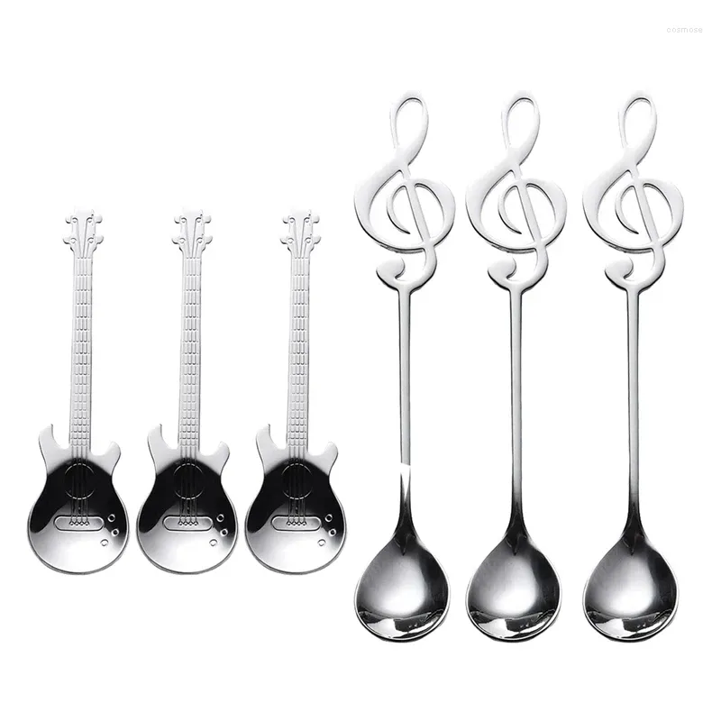 Kaffe Scoops Yo-Coffee Spoons 6 Pack Creative Söta teskedar Rostfritt stål Staff Musical Notation Shaped (3 Music Note 3 Guitar)