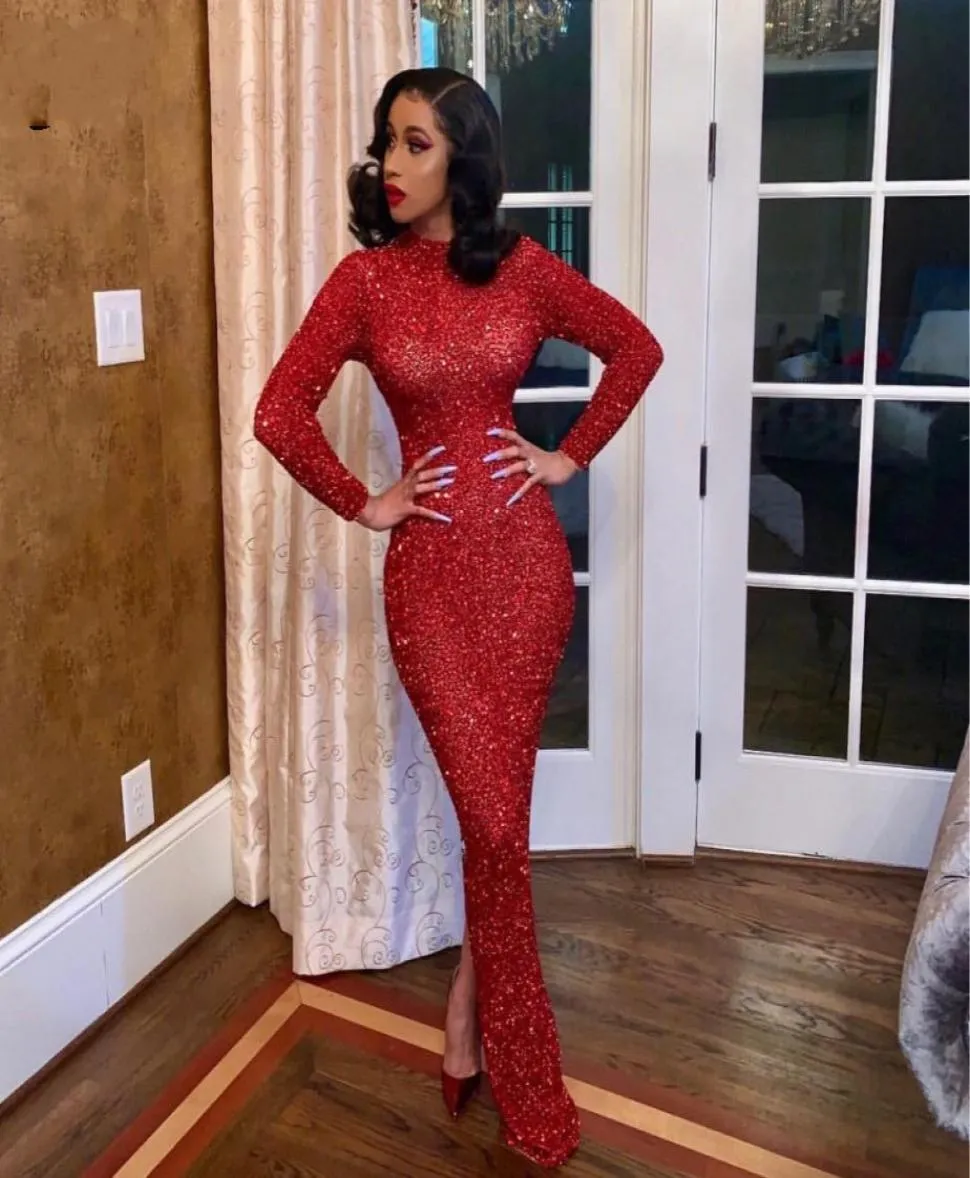 Sparkly Beads Mermaid Prom Dresses High Neck Sexy Red Long Sleeve Africa Arabic Women Formal Evening Dress Shiny Split Chic Party 2255429