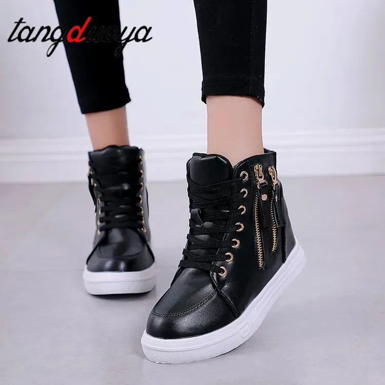 Shoes Women Wedge Platform Rubber Brogue Leather Lace Up High heel Shoes Pointed Toe Increasing Creepers White black Sneakers Zipper