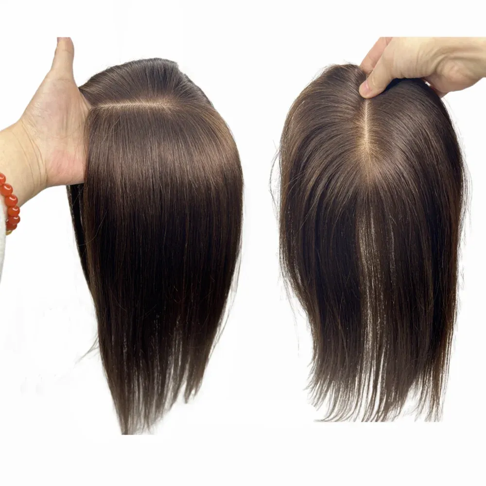 トッパーダークブラウンシルクベース本物の人間の髪のトッパーは髪の毛のクリップ自然ストレートカバー女性のための白い脱毛