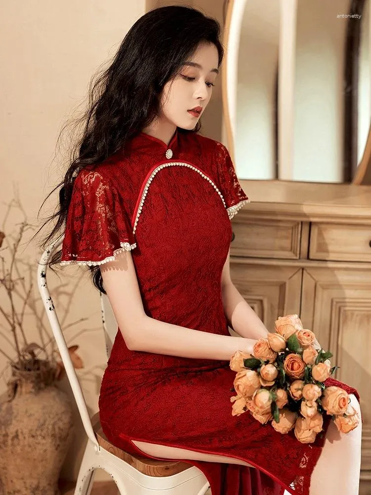 Ethnic Clothing Chinese Style Red Cheongsam Women's Summer Thin Lace High-Grade Engagement Back-to-Door Dress