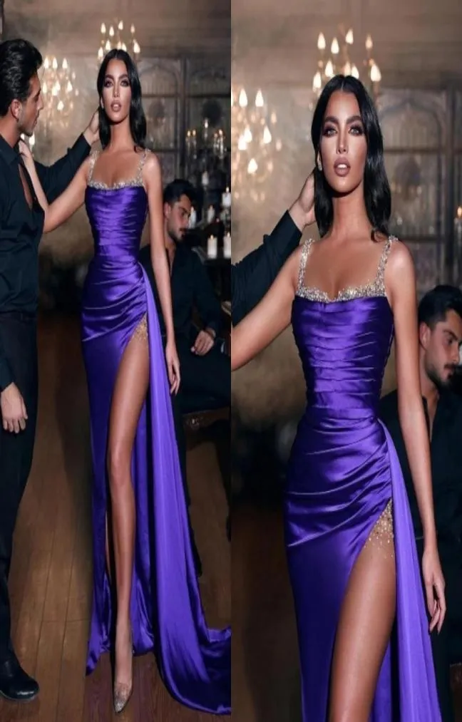 Seksowne fioletowe długie błyszczące rękawe sukienki Slit Mermaid Sukienki 2022 SPAGHETTI Paski syreny wieczorowe Suknie C04049129128
