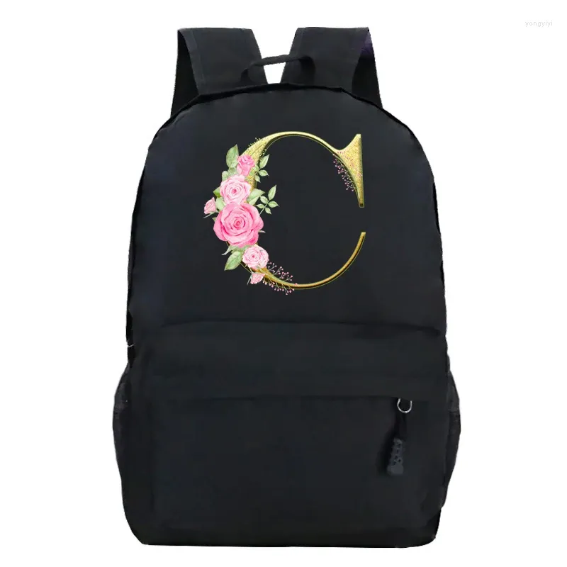 Zaino Borsa a tracolla con alfabeto stampato in oro con grafica nera, lettera A-Z, borsa a tracolla per ragazza alla moda per adolescenti