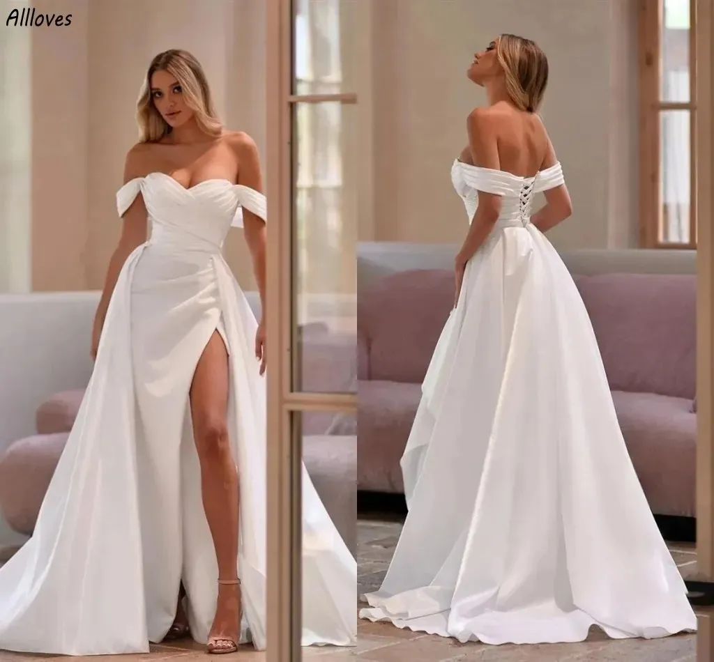 Sexy Off The Shoulder Mermaid Wedding Dresses With Detachable Train Modern White Satin Pleated Bridal Gowns Thigh Split Bride Marriage Robes de Mariee YD