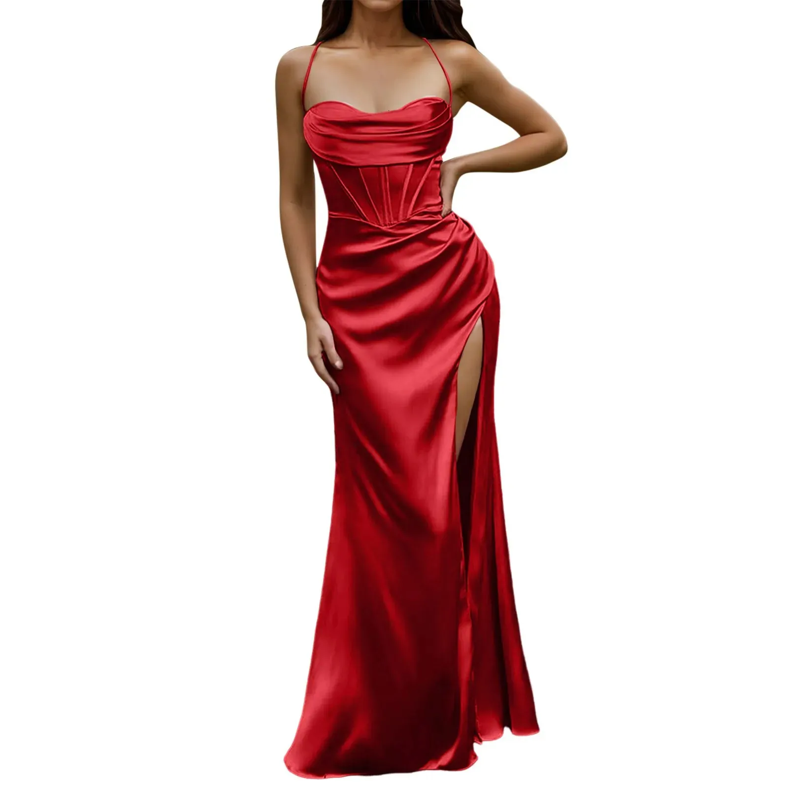 Spaghetti Strap Satin Korsett Kleid für Frauen Abendkleider Vestidos Fishbone Push Up Elegante Frauen Bodycon Party Langes Kleid 240319