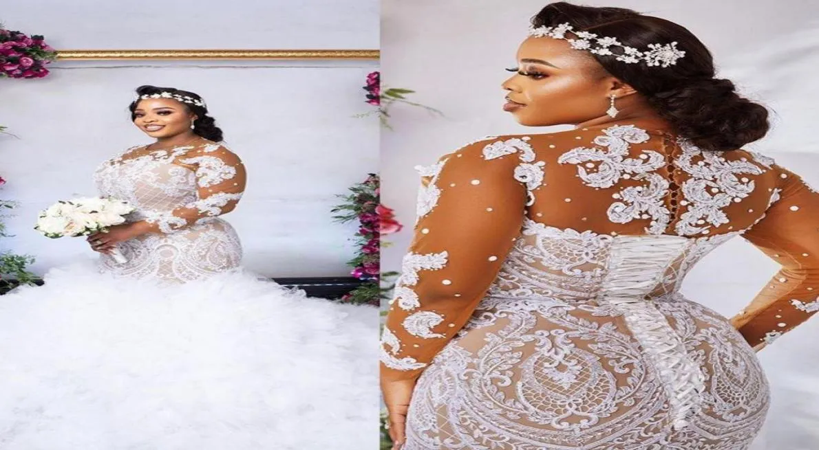 Plus size ilusão manga longa vestidos de casamento 2021 sexy africano nigeriano jóia pescoço laceup volta sereia applique vestidos de noiva 9384278