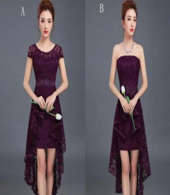 Renda romântica alta baixa vestido de dama de honra rendas até roxo 2017 elegante vestido de festa curto frente longa back9497462