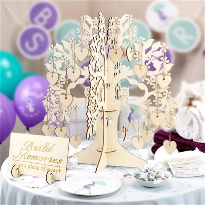 Party Decoration Wood Tree Frame Gästbok med Stand Unique Rustic Wedding Registry 100st Trähjärtor