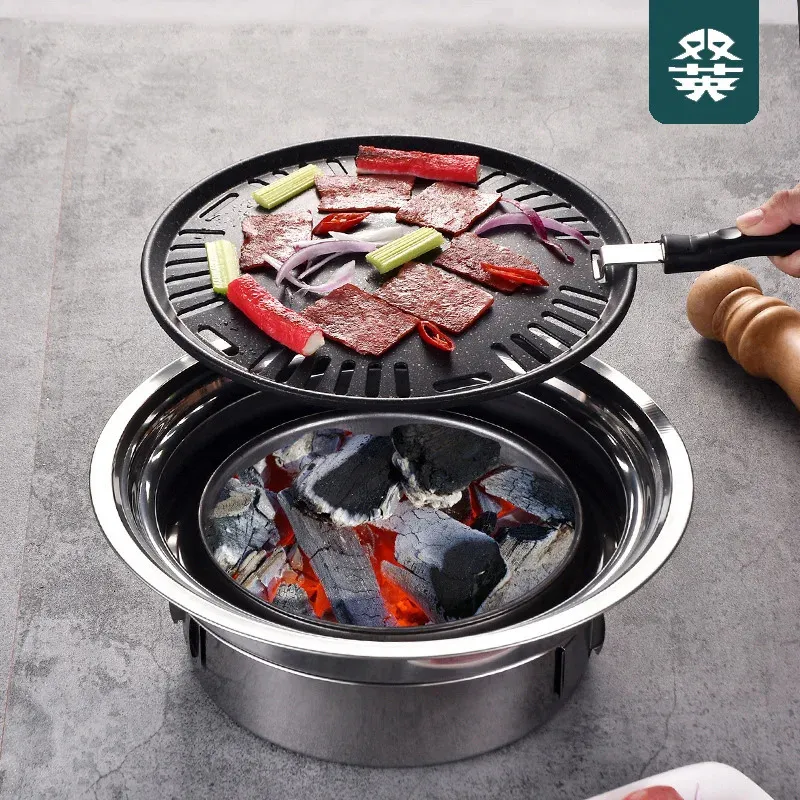 Four à charbon coréen BBQ grilles en acier inoxydable poêle à Barbecue four antiadhésif Camping en plein air poêle à charbon Portable 240308