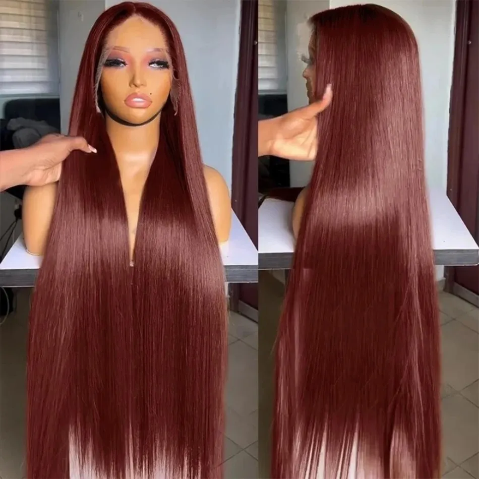 HD 32 tum rödbrun rak 13x4 spets frontala mänskliga hår peruker 180% remy färgad 13x6 front peruk mänsklig hår för kvinnor