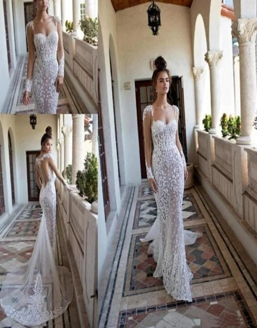 2020 Neue Berta Brautkleider Meerjungfrau Schatz Lange Ärmel Spitze Applizierte Perlen Sweep Zug Hochzeit Brautkleid Nach Maß9009039