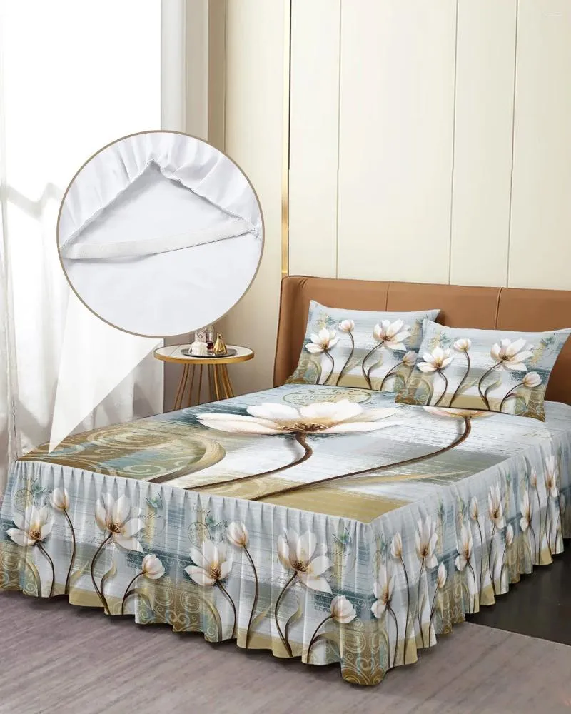 Falda de cama Vintage tulipán flor mariposa colcha elástica con fundas de almohada Funda de colchón juego de cama Sábana