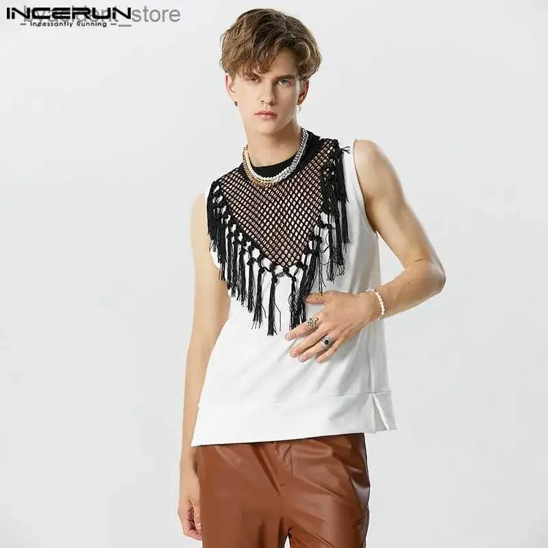 Tops de débardeur masculine 2023 American Style Mens Tricoted Mesh Hollow Tassel Design Giest Streetwear Party Cold