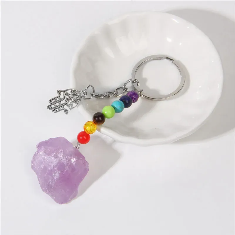 Natural Rough Raw Stone Crystal Quartzs Keychain Women Men Car Key Holder Hand KeyRing Jewelry