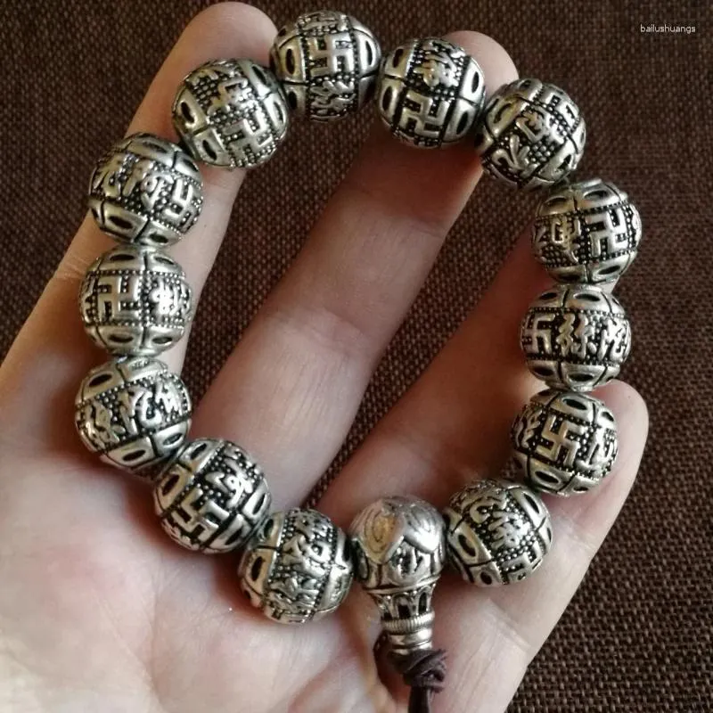 Strang Weißes Kupfer versilbertes Süd-Amitabha-Buddha-Relief-Herrenarmband aus tibetischem Silber