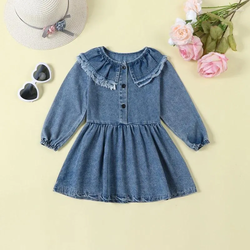 Vestidos de menina Little Fall Denim Dress manga comprida colarinho de boneca botão frontal linha A casual