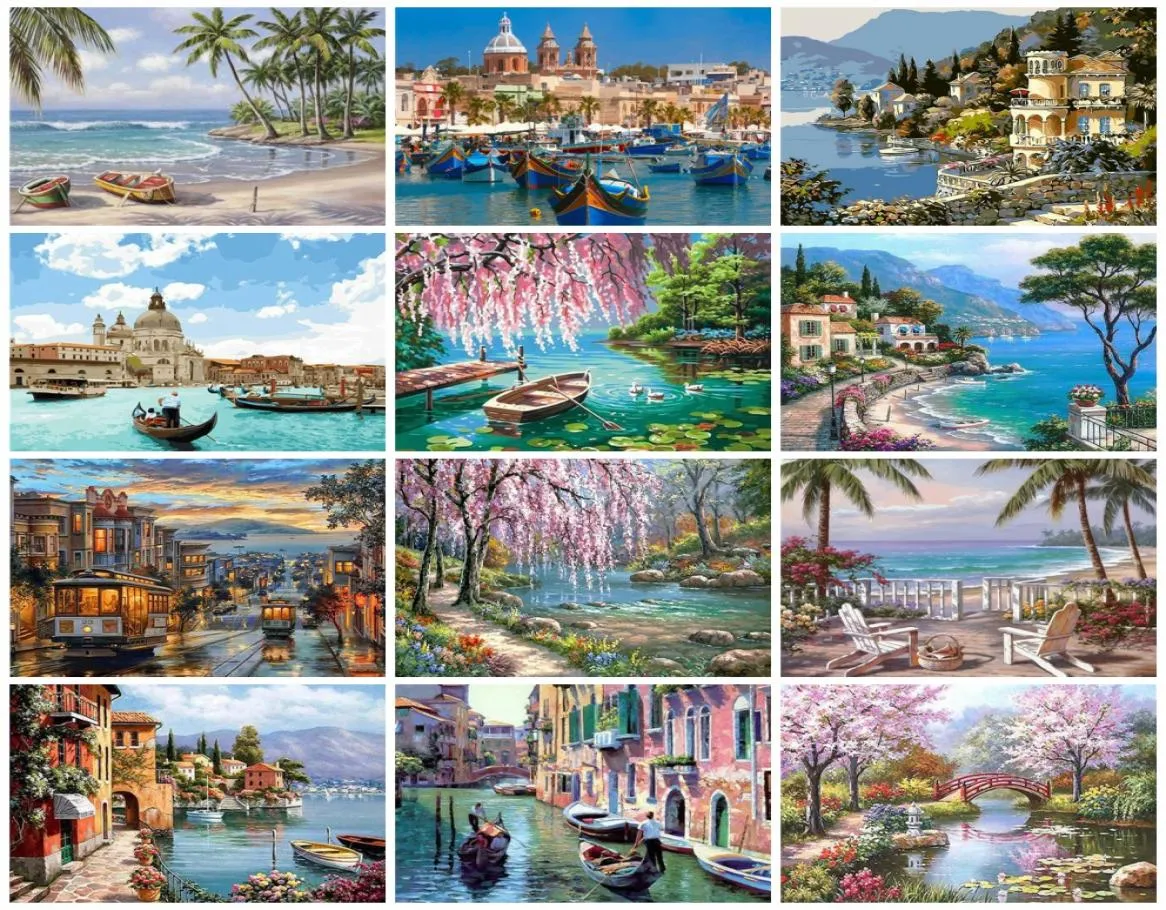 AZQSD Painting By Numbers Seaside Coloring By Numbers Landscape Arcylic Oil Painting Unframed Wall Art Hand Paint Kit Canvas5534790