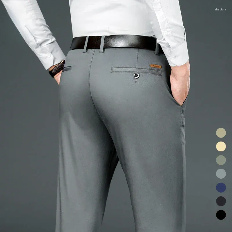 Men's Pants Brand Clothing Straight-fit Suit Men Spring Summer Business Stretch Grey Khaki Black Thin Trousers Male Size 40 42