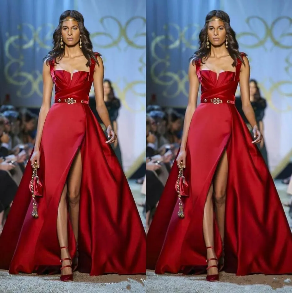 Robes de bal rouges élégantes bretelles spaghetti une ligne satin cuisse haute fentes robes de soirée sexy avec ceinture longueur de plancher occasion spéciale 1341149