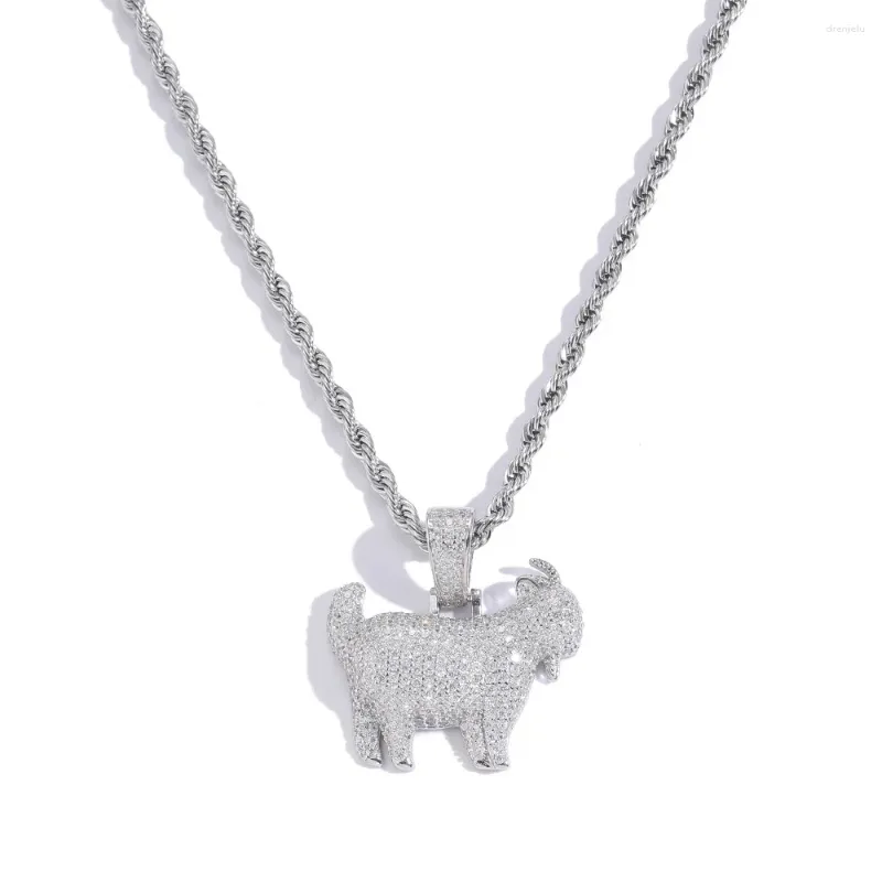 Pendant Necklaces S925 Sterling Silver Hip Hop CZ Stone Paved Bling Out Goat Sheep Pendants For Men Rapper Jewelry