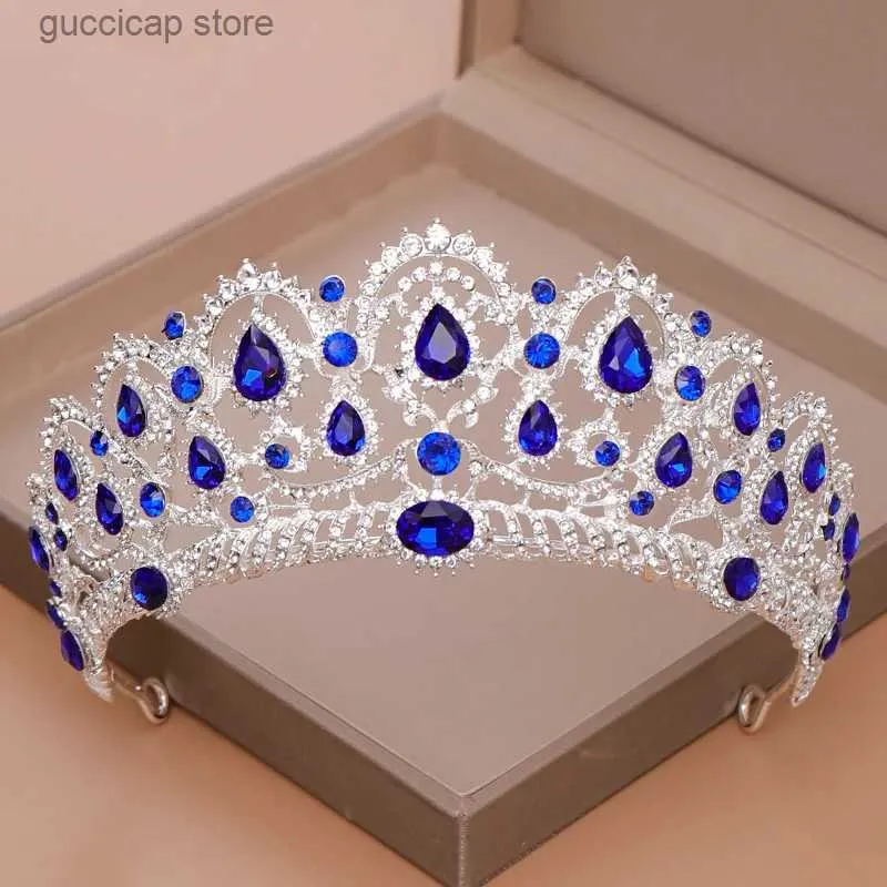 Tiaras ailibrid krona drottning tiara bröllop hår tillbehör blå kristall strass tiaror och kronor för brud bröllop hår smycken y240319