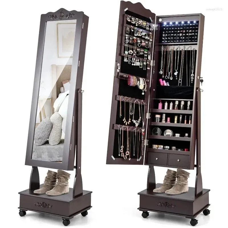 Storage Boxes Jewelry Cabinet Freestanding Lockable Organizer With 3-position Adjustable Angle Wheels Full-length Mirror
