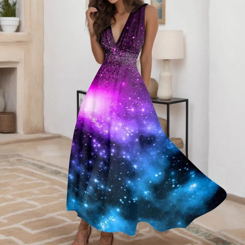 Sukienki swobodne Summer Starry Sky Printed Dress Oversize V-dheck Długie krótkie rękaw wysoki talia impreza codzienna podróż Maxi Wear