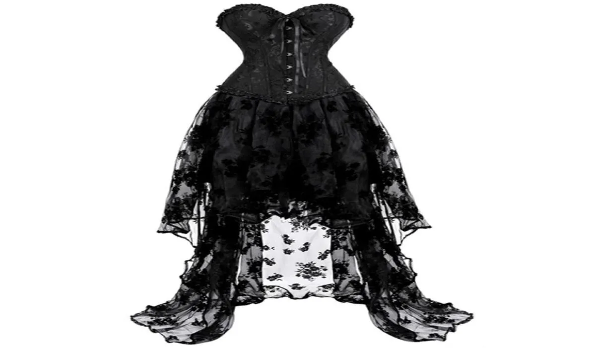 Corset robe jupe ensemble Tutu dentelle Sexy Overbust Corsets pour femmes Gothique grande taille Costume Burlesque Corselet victorien noir 2208777046