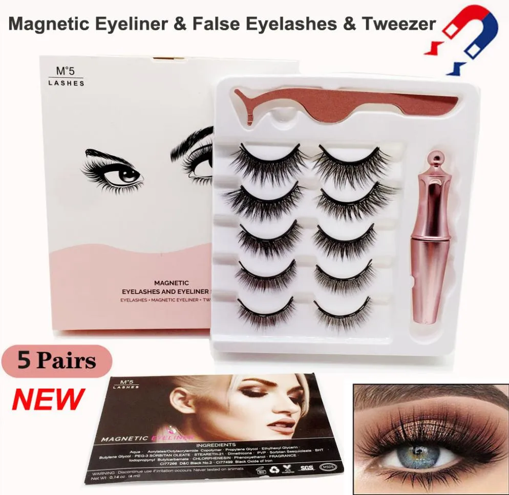 5 par magnetiska falska ögonfransar flytande eyeliner pickare kit uppgraderad 3D magnet falska ögonfransar sminkuppsättning naturlig återanvändbar ingen G8099264