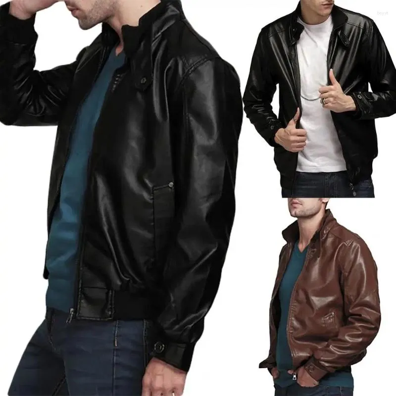 Jaquetas masculinas motocicleta blusão top cor sólida slim fit jaqueta de couro falso homens para ao ar livre