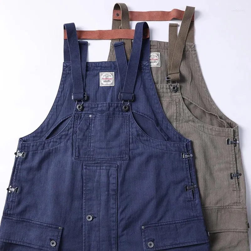 Herrbyxor röda marin Dungaree Army Vintage Herringbone Men Overalls Workwear Loose Fit