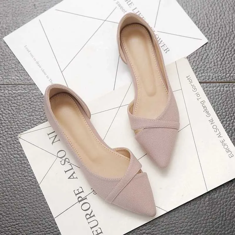 HBP icke-varumärke kvinnors rosa svart fast färg Suede Pointed Toe Kontor Flat klackar Skor för damer och kvinnor